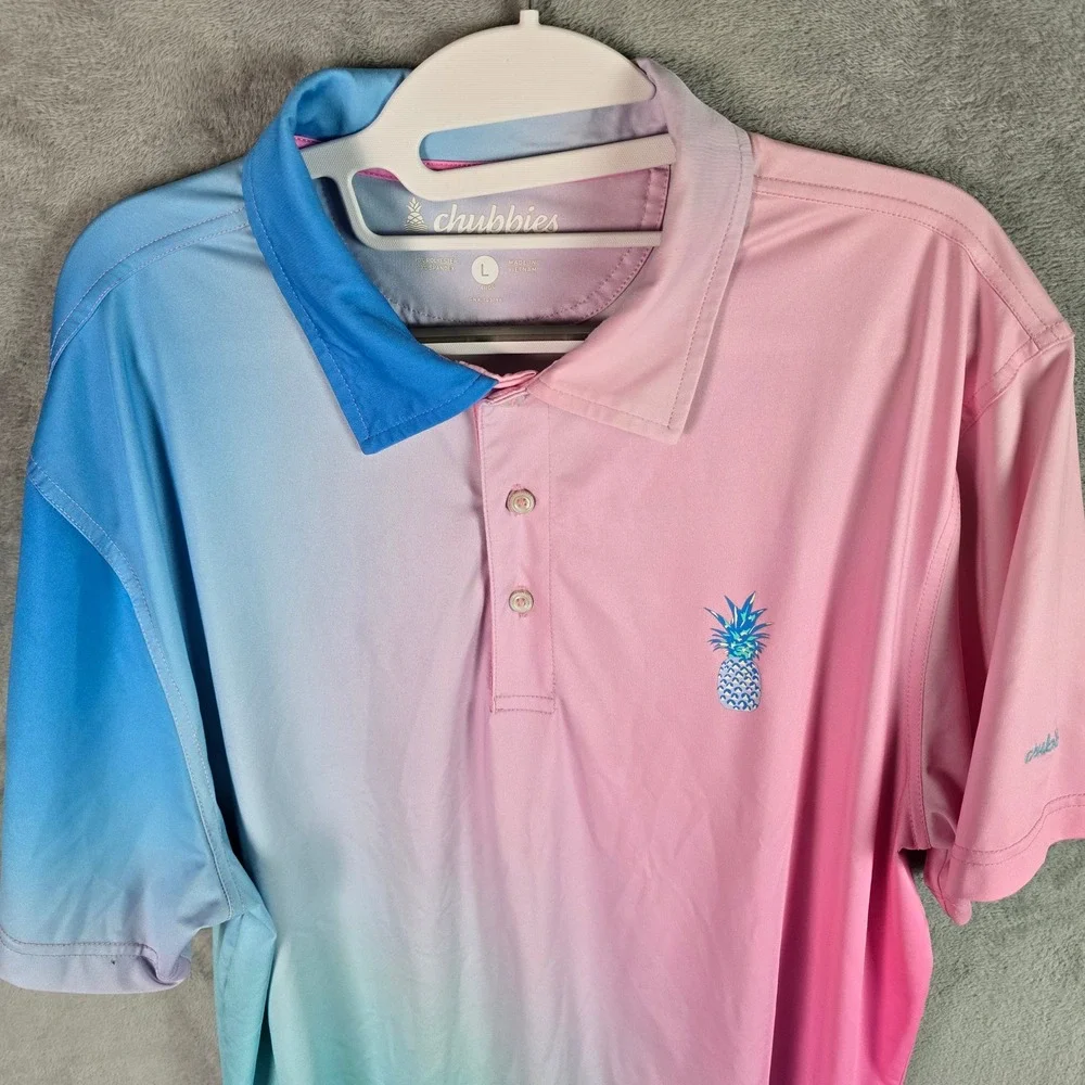 Chubbies Mens Large Pink Blue Ombre Pineapple Performance Polo Shirt SM23CA00106